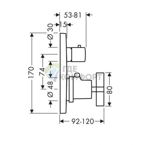 Термостат для душа AX Citterio встраиваемый, хром, с запорным вентилем (39705000) - фото 2