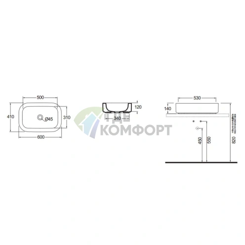 Раковина AZZURRA GLAZE накладная без отв-я под смеситель 60х41см цвет белый - фото 2