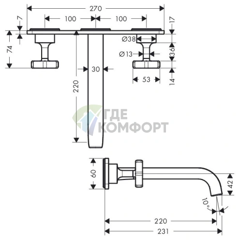 Встраиваемый смеситель AX Citterio E для раковины на 3 отверстия с панелью, хром (36115000) - фото 2