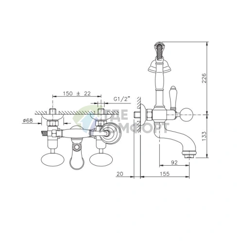 Смеситель для ванны Nicolazzi Cristallo Di Rocca с двумя ручками и переключателем душ/ванна в золотом цвете (2101GO09C) - фото 2
