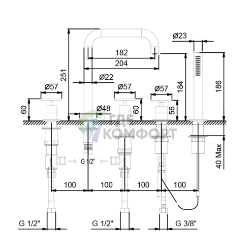 Смеситель для ванны Fantini Fontane Bianche с ручным душем, 5 отверстий, цвет Gun Metal (47 P5 P065) - фото 2