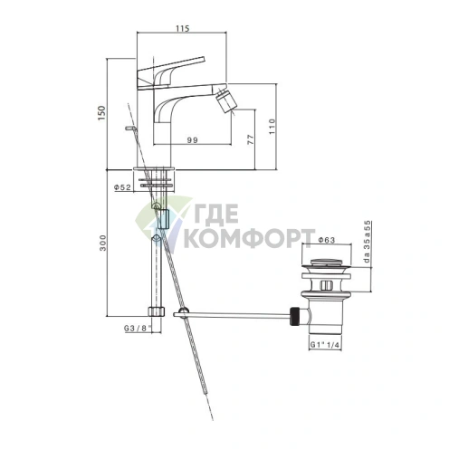 Смеситель для биде AZZURRA LINEA с донным клапаном в хроме (AN 45) - фото 2