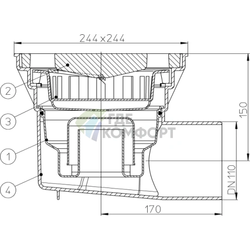 Трап HL605W с решеткой 226x226 мм-с грязеуловителем и горизонтальным выпуском DN110 - фото 3
