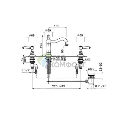 Смеситель для раковины Nicolazzi Petit Mont Blanc на 3 отверстия с высоким изливом 165 мм в хроме (1409CR78) фото 2