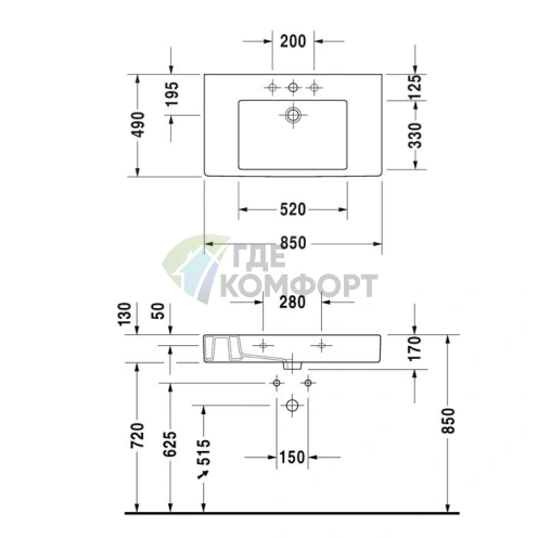 Раковина Duravit Vero для мебели, белая, 850x490 мм, с переливом и отверстием под смеситель (329850000) фото 4
