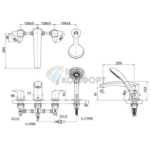 Смеситель для ванны TOTO GM с ручным душем, 4 отверстия, хром (TBG09202R) - фото 2