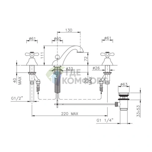 Смеситель для раковины Nicolazzi Nuova Brenta на 3 отверстия с донным клапаном, золотая латунь (2508GB) - фото 2