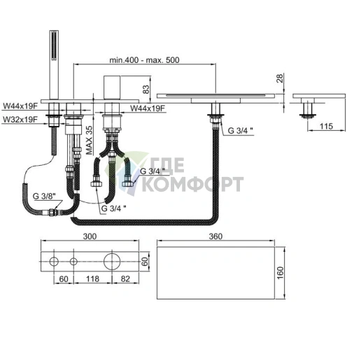 Смеситель для ванны Fantini Milano с ручным душем (4 отверстия, матовый хром) (31 93 3065) - фото 2