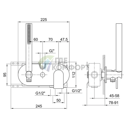 Смеситель для душа Fantini Mare встраиваемый на 2 выхода с ручным душем хром (51 02 E184B) - фото 2