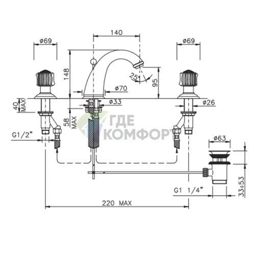 Смеситель для раковины Nicolazzi Onice на 3 отверстия с донным клапаном, излив 140 мм, хромированный (2108CR09O) - фото 2
