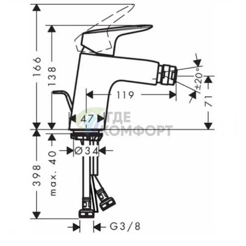 Смеситель для биде Hansgrohe Logis: хром, металлический донный клапан, на 1 отверстие (71203000) - фото 2