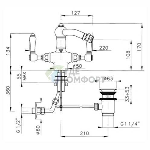 Смеситель для биде Nicolazzi P.M.Blanc настенный, поворотный излив, бронза (1434BZ78) - фото 2