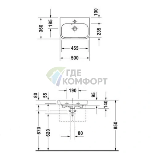 Раковина Duravit Happy D2 500x360 мм без отверстий, с заглушкой для перелива, белая (710500060) - фото 2