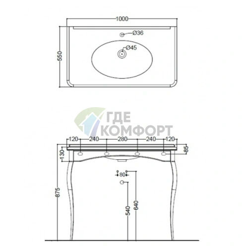 Раковина консольная KERASAN Retro 100x55 см белая с бронзовыми ножками (1049K3 bi*1 br legs) - фото 2