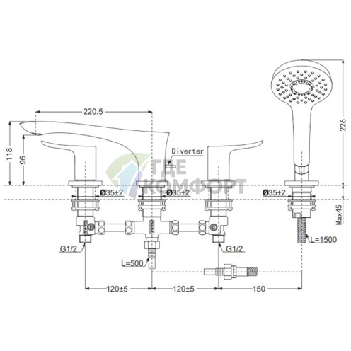 Смеситель для ванны TOTO NC с ручным душем Comfort Wave (TBG01202R) - фото 2