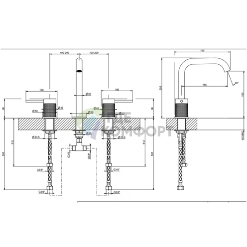 Смеситель для раковины GESSI 316 на 3 отверстия, цвет brushed black metal PVD (54412#707) - фото 2
