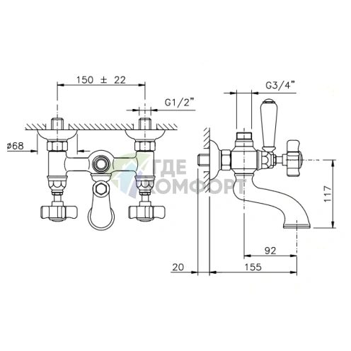 Двухвентильный смеситель для ванны Nicolazzi Dames Anglaises с золотым покрытием и переключателем душ/ванна (1400GB18) - фото 2