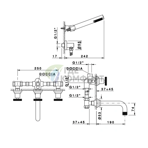 Смеситель для ванны Nicolazzi Arena настенный встраиваемый, хром (3303CR44) - фото 2
