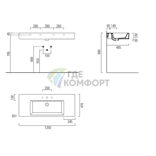 Раковина GSI Kube подвесная-накладная белая 120x47 с переливом без отверстия под смеситель - фото 2