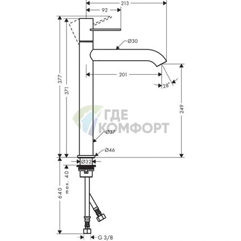 Смеситель для раковины AX Uno 250 мм, матовая сталь (38034800) - фото 2