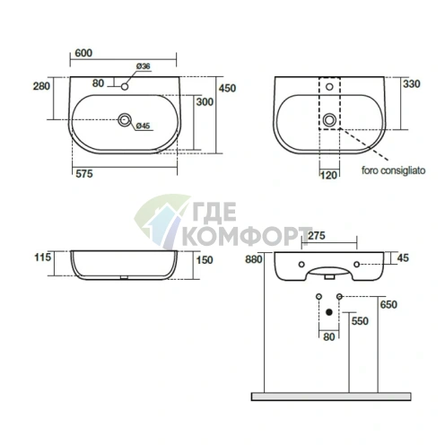Подвесная раковина Kerasan Nolita 60x45 см, белая глянцевая (534101*1) - фото 4