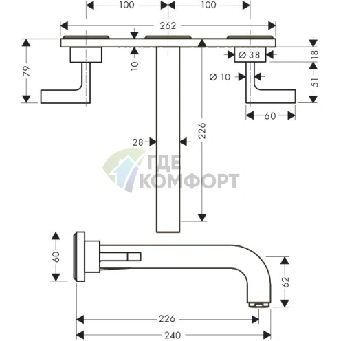 Встраиваемый смеситель AX Citterio для раковины на 3 отверстия с панелью и донным клапаном (хром) (39148000) - фото 2