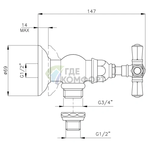 Запорный вентиль для стиральной машины Nicolazzi Teide Foure 3/4, хром (1947CR45) - фото 2