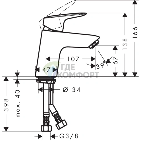 Смеситель для раковины Hansgrohe Logis с донным клапаном Push-Open, 70 см, хром (71077000) - фото 2