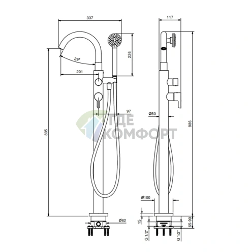 Напольный смеситель для ванны Fantini Icona Classic с ручной лейкой в цвете Matt Gun Metal PVD (53 P5 R080B) - фото 2