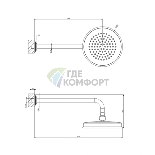 Верхний душ GESSI VENTI20 200 мм с настенным держателем 389 мм в цвете Brass PVD (65148#710) - фото 2