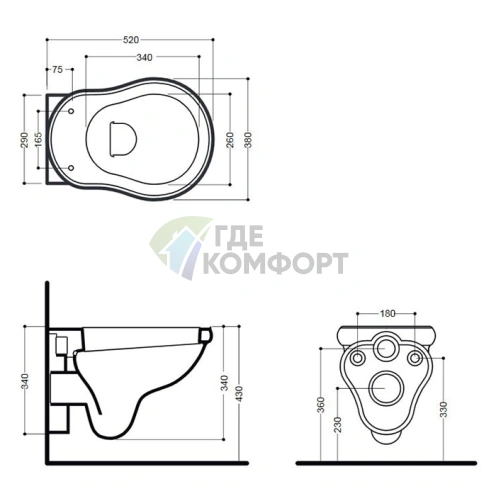Подвесной унитаз KERASAN Retro 52x38 см, черный глянец (101504 nero) - фото 2