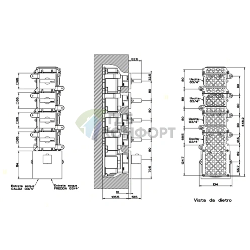 Встраиваемый термостат Gessi Rettangolo с 4 выходами, подключение 3/4, хром (43218#031) - фото 2