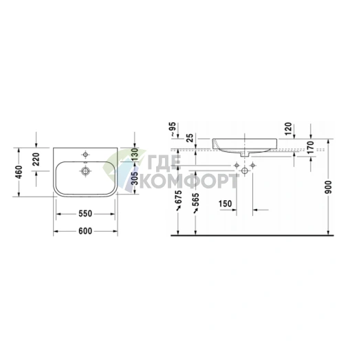 Раковина DURAVIT Happy D2 65x46 см, белая, шлифованная, с креплением и отверстием под смеситель (2315600000) - фото 2