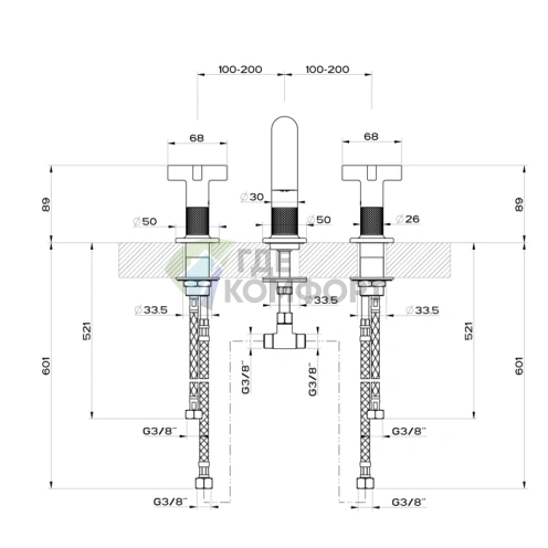 Смеситель для раковины GESSI INCISO на 3 отверстия, излив 140 мм, цвет Nero XL (58112#299) - фото 2