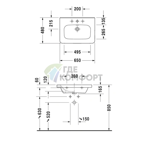 Раковина Duravit DuraStyle для мебели с переливом и 3 отверстиями под смеситель, 650x480 мм, белый (2320650030) - фото 2