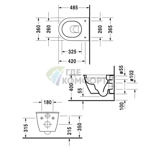 Унитаз подвесной Duravit Darling New Compact 360×485 мм с антивандальным покрытием WonderGliss (25490900001) - фото 2