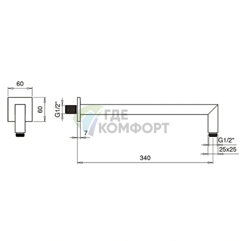 Almar SQUARE Квадратный настенный кронштейн 340 мм, латунь с хромированным покрытием (E021003.CR) - фото 2