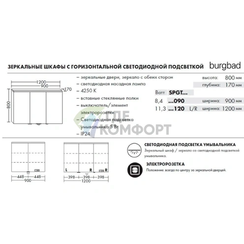 Зеркальный шкаф BURGBAD Eqio с горизонтальной светодиодной подсветкой 1200x800 мм, 3 двери, стеклянные полки (SPGT120LF2009) - фото 2