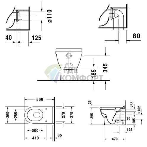 Унитаз напольный приставной Duravit Starck 3 560x360 мм, белый (124090000) - фото 2