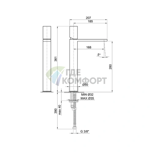 Смеситель для раковины Fantini Milano Matt Gun Metal PVD с высоким изливом (31 P5 3006WF) - фото 2