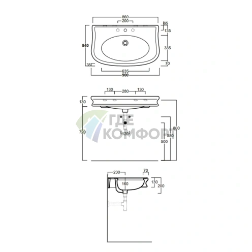Раковина SIMAS Lante 90 белая с тремя отверстиями под смеситель - фото 2
