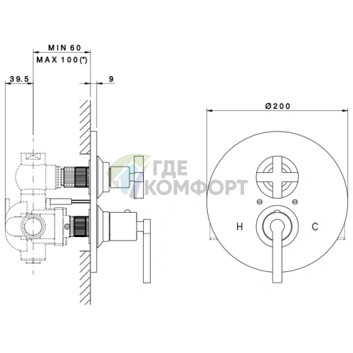 Термостатический встраиваемый модуль Nicolazzi 3/4 с запорным клапаном, хром (4909CR27) - фото 2