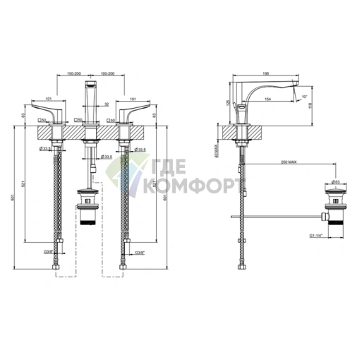 Смеситель для раковины GESSI Rilievo на 3 отверстия с донным клапаном, высота 125 мм, излив 154 мм, хром (59011#031) - фото 2