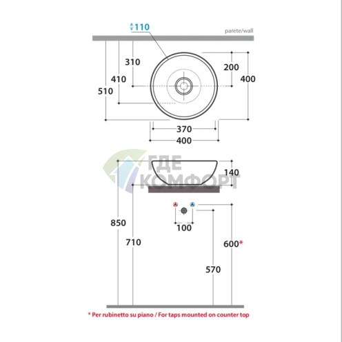 Накладная раковина GLOBO Lavabi 40 см белая без отверстия под смеситель - фото 2