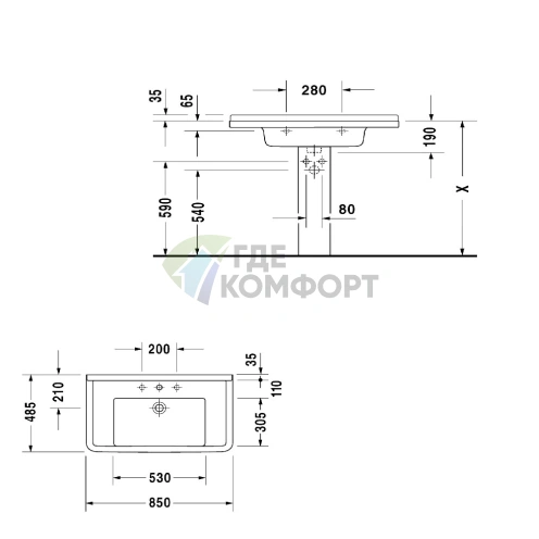 Раковина Duravit Starck 3 двойная 1300x485 мм с двумя отверстиями под смеситель и переливом, белый (865160000) - фото 7