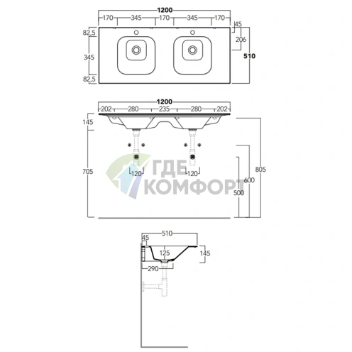 Раковина двойная SIMAS WAVE 120x50 см, белая, для врезки в столешницу - фото 2