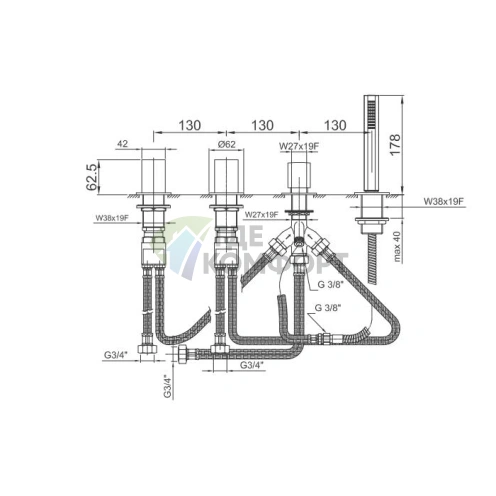 Смеситель Fantini Venezia для ванны золотой, на 2 источника, с ручным душем (29 01 N467S) - фото 2