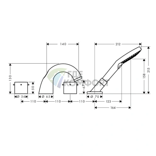 Смеситель для ванны AX Starck накладной на 4 отверстия с ручным душем, хром (10444000) - фото 2