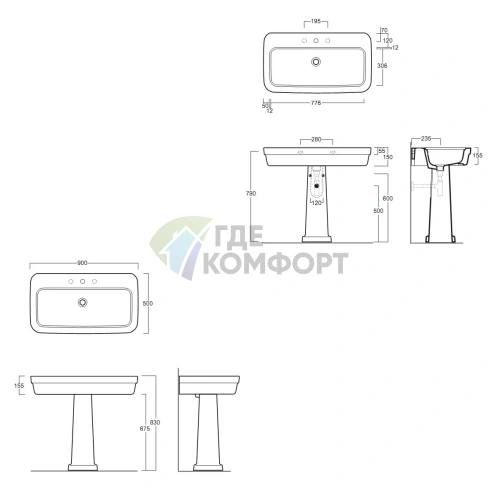 Раковина SIMAS Evolution 90x50 см белая с пьедесталом - фото 2