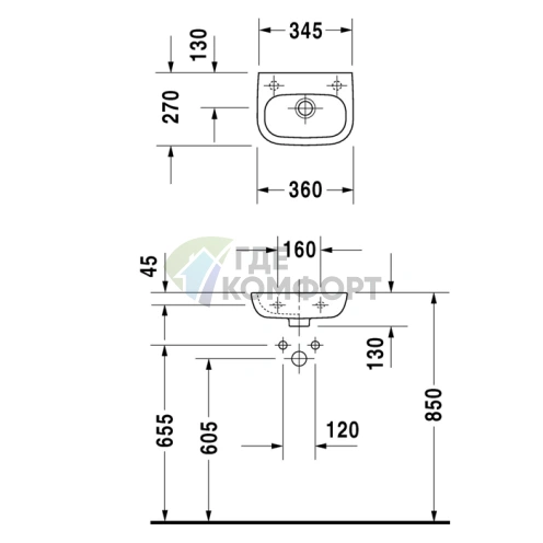 Раковина для ванной Duravit D-Code 36x27 см без перелива, с отверстием слева (7053600092) - фото 2